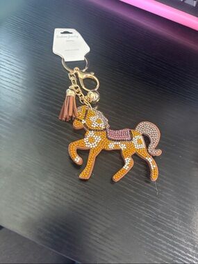 Rhinestone Horse Keychain with Tassel - Gold & Pink